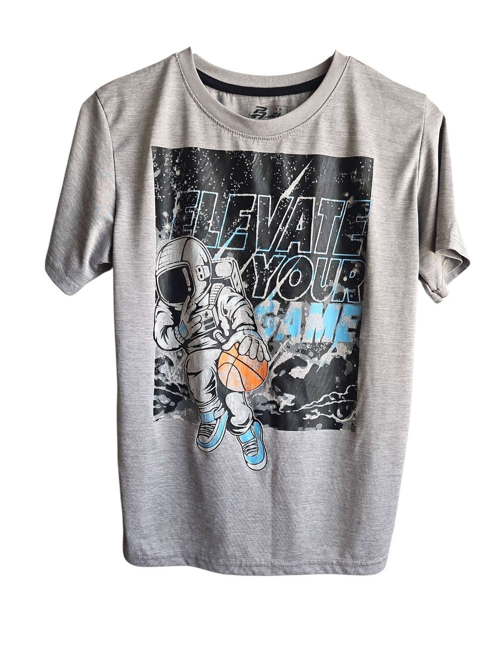Elevate Your Game Boys' Gray Graphic Tee with Astronaut Basketball Size 14 / 16